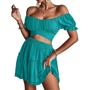 imageLYANER Womens 2 Piece Outfits Floral Off Shoulder Tie Up Crop Top and Mini Skirt SetLake Blue