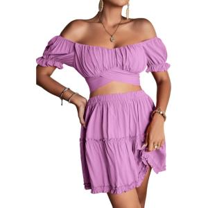 imageLYANER Womens 2 Piece Outfits Floral Off Shoulder Tie Up Crop Top and Mini Skirt SetLight Purple