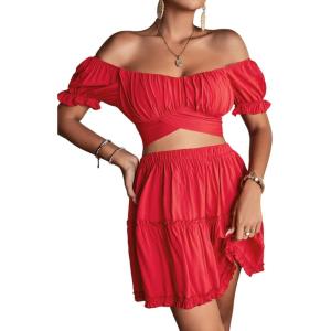 imageLYANER Womens 2 Piece Outfits Floral Off Shoulder Tie Up Crop Top and Mini Skirt SetLight Red