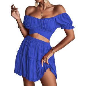 imageLYANER Womens 2 Piece Outfits Floral Off Shoulder Tie Up Crop Top and Mini Skirt SetLight Royal