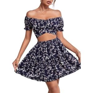 imageLYANER Womens 2 Piece Outfits Floral Off Shoulder Tie Up Crop Top and Mini Skirt SetNavy