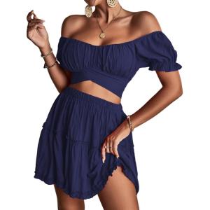 imageLYANER Womens 2 Piece Outfits Floral Off Shoulder Tie Up Crop Top and Mini Skirt SetNavy Blue