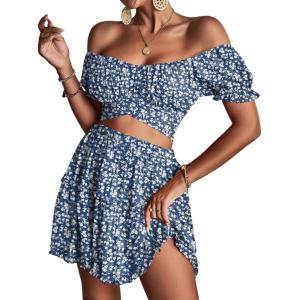 imageLYANER Womens 2 Piece Outfits Floral Off Shoulder Tie Up Crop Top and Mini Skirt SetNavy White