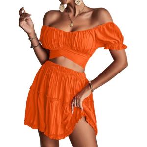 imageLYANER Womens 2 Piece Outfits Floral Off Shoulder Tie Up Crop Top and Mini Skirt SetOrange
