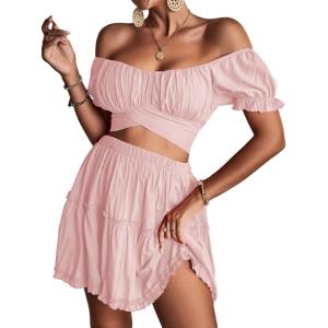 imageLYANER Womens 2 Piece Outfits Floral Off Shoulder Tie Up Crop Top and Mini Skirt SetPink