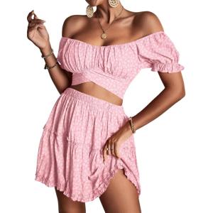 imageLYANER Womens 2 Piece Outfits Floral Off Shoulder Tie Up Crop Top and Mini Skirt SetPink Floral