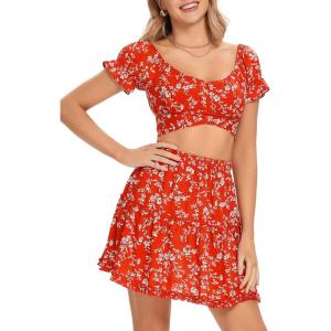 imageLYANER Womens 2 Piece Outfits Floral Off Shoulder Tie Up Crop Top and Mini Skirt SetRed