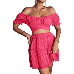 imageLYANER Womens 2 Piece Outfits Floral Off Shoulder Tie Up Crop Top and Mini Skirt SetRose Red