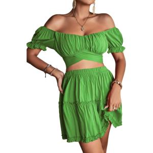 imageLYANER Womens 2 Piece Outfits Floral Off Shoulder Tie Up Crop Top and Mini Skirt SetSolid Green