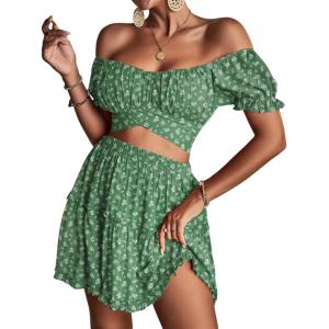 imageLYANER Womens 2 Piece Outfits Floral Off Shoulder Tie Up Crop Top and Mini Skirt SetTeal