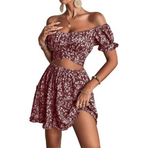 imageLYANER Womens 2 Piece Outfits Floral Off Shoulder Tie Up Crop Top and Mini Skirt SetWine Red Floral