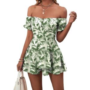 imageLYANER Womens Off Shoulder Wrap Tie Up Back Ruffle Short Sleeve Romper Short JumpsuitFloral Green Leaves