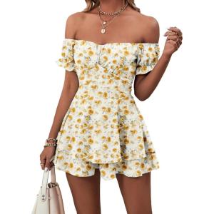 imageLYANER Womens Off Shoulder Wrap Tie Up Back Ruffle Short Sleeve Romper Short JumpsuitFloral Yellow