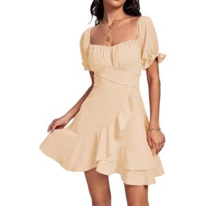 imageLYANER Womens Square Neck Ruffle Wrap Mini Dress Off Shoulder Flounce Short Sleeve A Line Flowy DressBeige