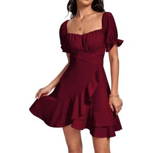 imageLYANER Womens Square Neck Ruffle Wrap Mini Dress Off Shoulder Flounce Short Sleeve A Line Flowy DressBurgundy