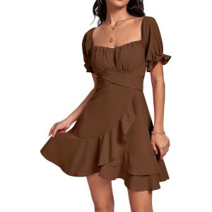 imageLYANER Womens Square Neck Ruffle Wrap Mini Dress Off Shoulder Flounce Short Sleeve A Line Flowy DressDark Brown