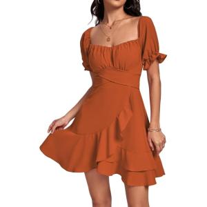 imageLYANER Womens Square Neck Ruffle Wrap Mini Dress Off Shoulder Flounce Short Sleeve A Line Flowy DressDark Orange