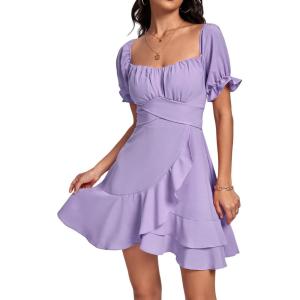 imageLYANER Womens Square Neck Ruffle Wrap Mini Dress Off Shoulder Flounce Short Sleeve A Line Flowy DressLilac