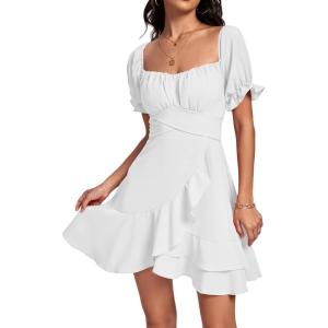 imageLYANER Womens Square Neck Ruffle Wrap Mini Dress Off Shoulder Flounce Short Sleeve A Line Flowy DressPure White
