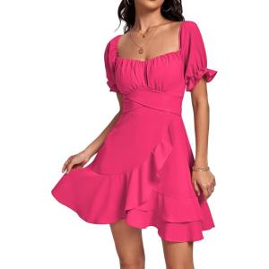 imageLYANER Womens Square Neck Ruffle Wrap Mini Dress Off Shoulder Flounce Short Sleeve A Line Flowy DressRose