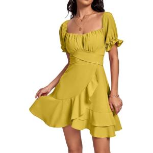 imageLYANER Womens Square Neck Ruffle Wrap Mini Dress Off Shoulder Flounce Short Sleeve A Line Flowy DressYellow