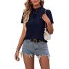 imageLYANER Womens Elegant Frill Mock Neck Ruffle Short Sleeve Blouse Work Shirt TopNavy Blue