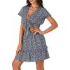 imageLYANER Womens Floral 2 Piece Outfits Tie Front V Neck Short Sleeve Crop Tops Ruffle Layer ALine Mini Skirt SetsDark Blue