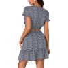 imageLYANER Womens Floral 2 Piece Outfits Tie Front V Neck Short Sleeve Crop Tops Ruffle Layer ALine Mini Skirt SetsDark Blue
