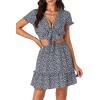 imageLYANER Womens Floral 2 Piece Outfits Tie Front V Neck Short Sleeve Crop Tops Ruffle Layer ALine Mini Skirt SetsDark Blue