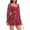 imageLYANER Womens Floral Print Off Shoulder Long Sleeve Ruffle Hem Romper Short JumpsuitFloral Burgundy