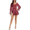 imageLYANER Womens Floral Print Off Shoulder Long Sleeve Ruffle Hem Romper Short JumpsuitFloral Burgundy