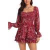 imageLYANER Womens Floral Print Off Shoulder Long Sleeve Ruffle Hem Romper Short JumpsuitFloral Burgundy