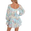 imageLYANER Womens Floral Print Off Shoulder Long Sleeve Ruffle Hem Romper Short JumpsuitFloral Light Blue