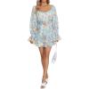 imageLYANER Womens Floral Print Off Shoulder Long Sleeve Ruffle Hem Romper Short JumpsuitFloral Light Blue