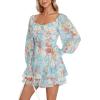 imageLYANER Womens Floral Print Off Shoulder Long Sleeve Ruffle Hem Romper Short JumpsuitFloral Light Blue