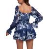imageLYANER Womens Floral Print Off Shoulder Long Sleeve Ruffle Hem Romper Short JumpsuitFloral Navy