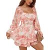 imageLYANER Womens Floral Print Off Shoulder Long Sleeve Ruffle Hem Romper Short JumpsuitFloral Orange