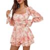 imageLYANER Womens Floral Print Off Shoulder Long Sleeve Ruffle Hem Romper Short JumpsuitFloral Orange