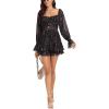 imageLYANER Womens Floral Print Off Shoulder Long Sleeve Ruffle Hem Romper Short JumpsuitFloral Print Black