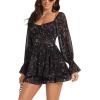 imageLYANER Womens Floral Print Off Shoulder Long Sleeve Ruffle Hem Romper Short JumpsuitFloral Print Black