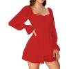 imageLYANER Womens Floral Print Off Shoulder Long Sleeve Ruffle Hem Romper Short JumpsuitRed