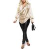 imageLYANER Womens Satin Collar Neck Drape Ruched Front Long Sleeve Blouse Shirt TopBeige