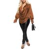 imageLYANER Womens Satin Collar Neck Drape Ruched Front Long Sleeve Blouse Shirt TopBrown