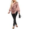 imageLYANER Womens Satin Collar Neck Drape Ruched Front Long Sleeve Blouse Shirt TopPink