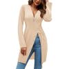 imageLYANER Womens Sexy Zip Up V Neck Long Sleeve Side Split Asymmetrical Hem Longline Tunic Blouse TopBeige