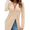 imageLYANER Womens Sexy Zip Up V Neck Long Sleeve Side Split Asymmetrical Hem Longline Tunic Blouse TopBeige