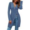 imageLYANER Womens Sexy Zip Up V Neck Long Sleeve Side Split Asymmetrical Hem Longline Tunic Blouse TopBlue