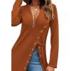 imageLYANER Womens Sexy Zip Up V Neck Long Sleeve Side Split Asymmetrical Hem Longline Tunic Blouse TopBrown