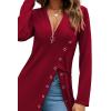 imageLYANER Womens Sexy Zip Up V Neck Long Sleeve Side Split Asymmetrical Hem Longline Tunic Blouse TopBurgundy
