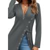 imageLYANER Womens Sexy Zip Up V Neck Long Sleeve Side Split Asymmetrical Hem Longline Tunic Blouse TopGray